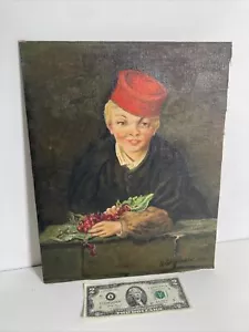Ritratto di un ragazzo con ciliegie firmato dipinto ad olio vintage originale a bordo - Foto 1 di 9
