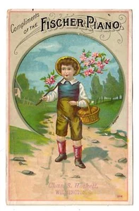 WILMINGTON OHIO*CHAS HOCKETT*PIANO FISCHER*TARJETA COMERCIAL VICTORIANA*NIÑO CON CESTA - Imagen 1 de 2