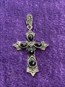 Schwarzer Onyx & Markasit 925 Sterling Silber Kreuz Anhänger ohne Kettenschutz - Bild 1 von 7