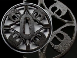 TSUBA Openwork Cranes and Bamboo Large Japanese Iron Sword Guard Edo Antique - Picture 1 of 10
