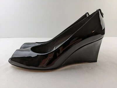 NEW Stuart Weitzman Women 10 M Black Patent Leather High Wedge Heel Peep Toe - Image 1 of 4