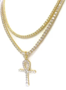 Juego de 2 cadenas de tenis doradas Fn con colgante Ankh 4 mm 18"" y 20"" juego de cadenas - Imagen 1 de 3