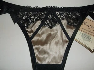 Bnwt La Senza Thong 8 10 14 16 Georgia Gold Silk Black Lace - Picture 1 of 4