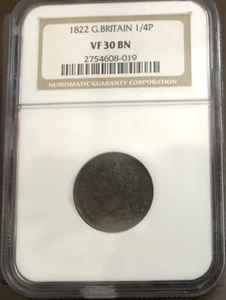1822 Great Britain NGC One Fourth 1/4P VF 30 BN King Georgius IIII Lot 379 - Picture 1 of 4