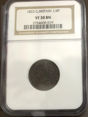 1822 Great Britain NGC One Fourth 1/4P VF 30 BN King Georgius IIII Lot 379 - Image 1 of 4