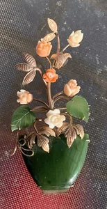 ANTIQUE LARGE 14K YG/JADE/CORAL FLOWER PIN BROOCH! - Picture 1 of 10