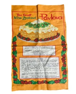 Vintage New Zealand Pavlova  Recipe Linen Cloth Tea Towel Bright Color - Picture 1 of 3