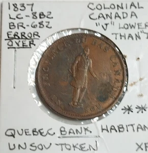 1837 Colonial Canada un Sou 1/2 Penny Token LC-8b2 BR-682 Recut legend - Bild 1 von 4