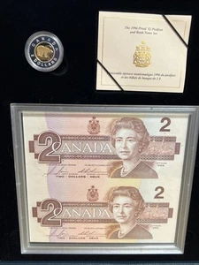 1996 Kanada 2 $ Sonderedition Silber Piedfort Münze und Banknoten Set mit COA - Bild 1 von 8