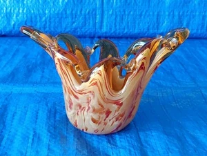 Vaso ciotola MURANO Italy fatto a mano vetro artistico ambra arancio bianco 4,5" forma libera - Foto 1 di 6