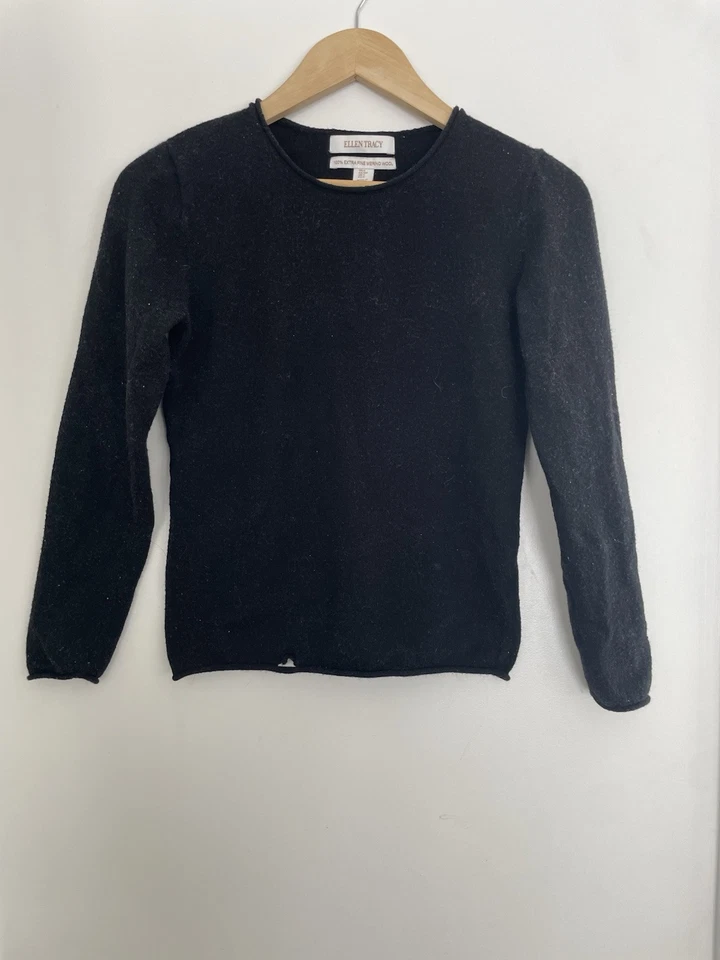 Женская однотонная черная 100% сверхтонкая шерстяная рубашка с длинным рукавом из мериноса Ellen Tracy S - Изображение 1 из 4