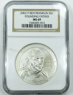 2006 P BEN FRANKLIN FOUNDING FATHER SILVER DOLLAR NGC MS 69! PERFECT! NR #K2513 - Image 1 of 3