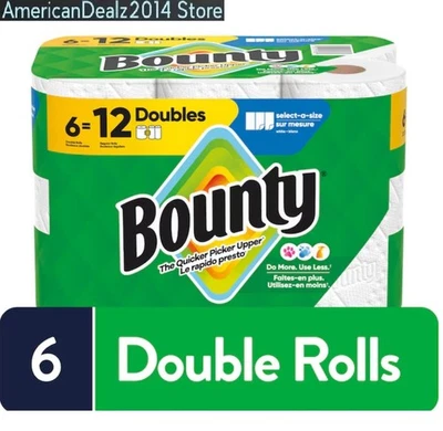 6 ROLLOS Bounty Dobles Seleccionar un Tamaño 6" x 11" Rollo de Toallas de Papel de Cocina - Blanco Foto 1 de 4