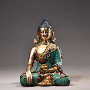 Bronze Outline in gold Painted Mosaic Gem Turquoise Shakyamuni sitting Buddha - Picture 1 of 8