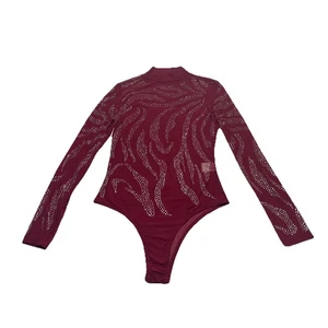 Damen Strass Transparent Netz Body Weinrot Langarm Rollkragen Größe Small - Bild 1 von 7