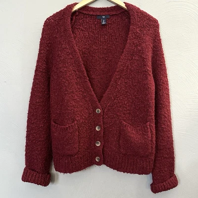 Gap Sweater Women's Large Wool Blend Garnet Red Knit Cardigan V-Neck Button up!! - Image 1 of 4