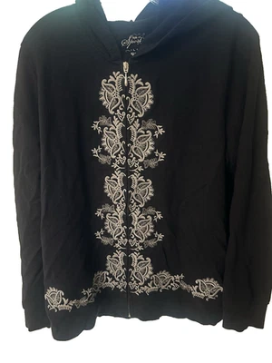 Женская черная толстовка с капюшоном на молнии STYLE & CO с серой цветочной вышивкой размер L - Изображение 1 из 2