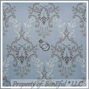 BonEful Fabric FQ Cotton Quilt Blue Brown Tan Decor Flower Damask Antique Toile - Picture 1 of 11
