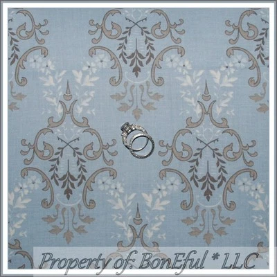 BonEful Fabric FQ Cotton Quilt Blue Brown Tan Decor Flower Damask Antique Toile - Image 1 of 4
