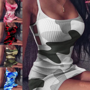 Lady Camo Tank Sexy Hollow Dress Summer Sleeveless Bodycon Straps Beach Sundress - Picture 1 of 17