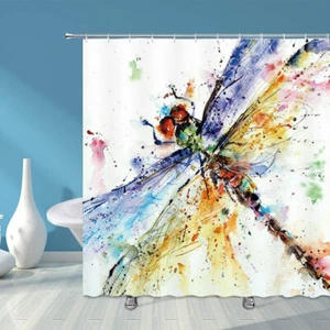 Watercolor Dragonfly Shower Curtain with Hooks Colorful Fabric Bathroom Decor - Picture 1 of 6