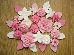 26 - PINK BOUQUET Edible Sugar Paste Flowers Cup Cake Decorations Toppers - Picture 1 of 2