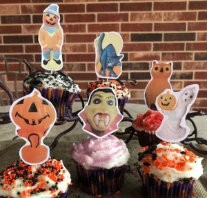 12 adornos para cupcakes de Halloween hechos a mano, aperitivo elige calabaza fantasma, espantapájaros, búho - Imagen 1 de 4
