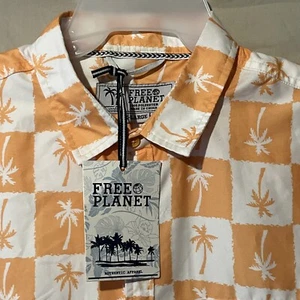 NWT Free Planet Shirt Mens XL Orange White Palm Trees Short Sleeve Button Up - Picture 1 of 7