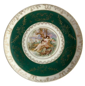 Plato vintage de 6" madre niño durmiendo bajo el árbol pintado a mano verde/dorado Japón - Imagen 1 de 7