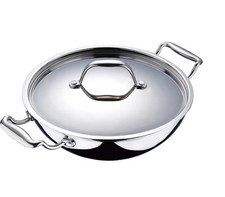 Bergner Triplo Acciaio Inox Wok Kadhai Con Coperchio 36 cm 7,5 Ltr Base a Induzione