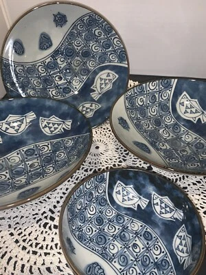 "Horno Mino Chiyama Cerámica Japonesa Azul y Blanco 9 3/8"" Cuencos para Servir Pescado De Colección" Foto 1 de 4