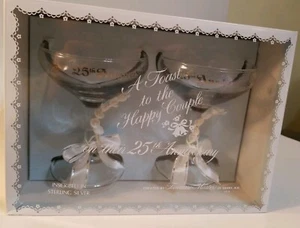 25th Anniversary Toasting Champagne Glasses with Silver and White Ribbon in box - Picture 1 of 6