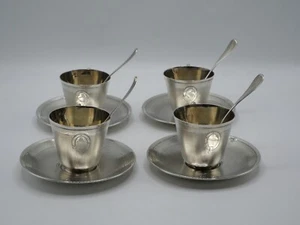 RARE SUITE DE 4 TASSES SOUS-TASSE CUILLERES EN ARGENT MASSIF POINCON MINERVE - Imagen 1 de 13