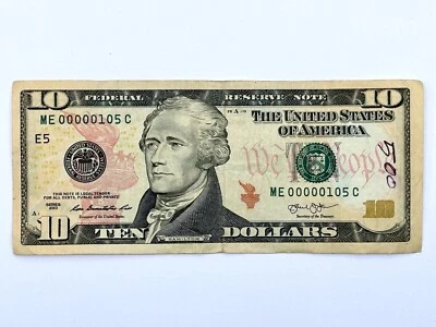 2013 $10 Ten Dollar Bill Bank Note Low Serial Number ME 00000105 C Richmond VA - Image 1 of 4
