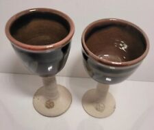 Vintage Pair Studio Handmade Brown Glazed Pottery Chalise/Goblet - Applied Crest