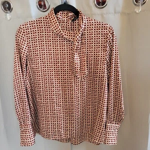 Zara Top Woman Small Orange 70s Style Retro Tie Neck Button Back Artsy 16592 - Picture 1 of 6