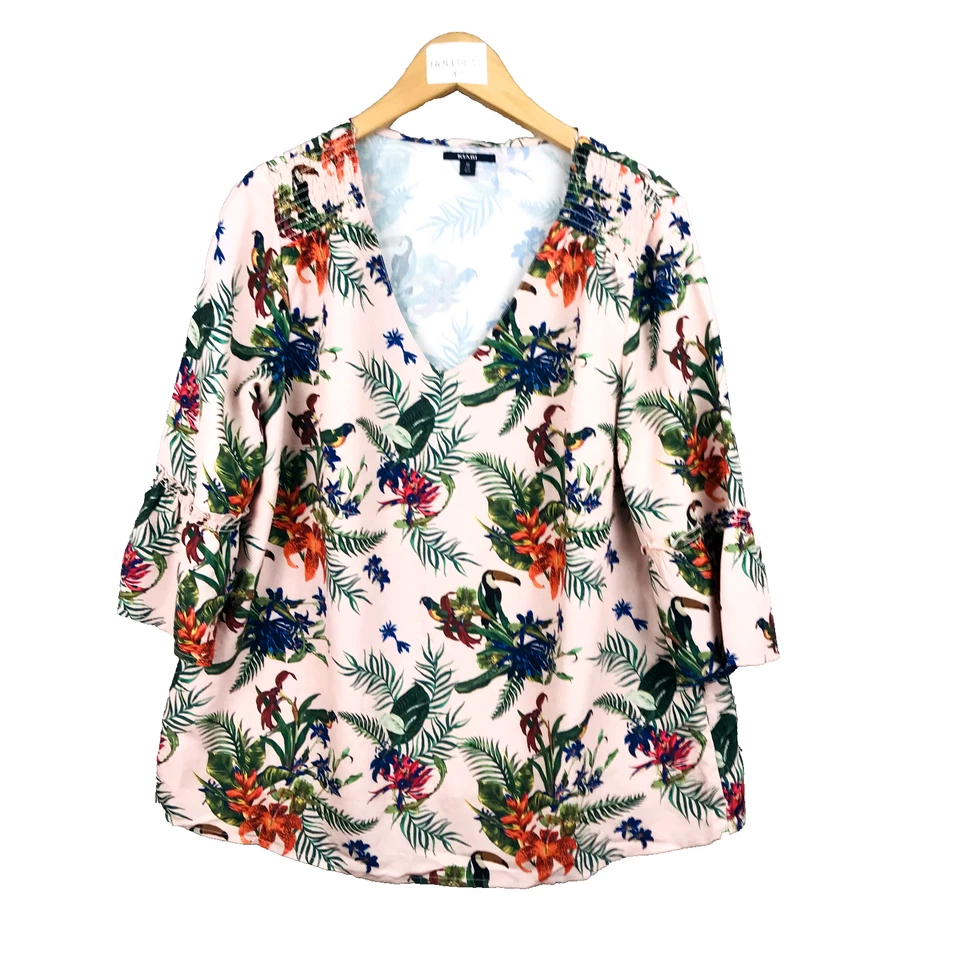 Kiabi Blouse rose taille 48 motifs multicouleurs oiseaux top haut dames ladies - Photo 1/4