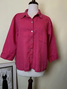 Chicos  Tunic Top Design Size 2 Fuschia 3/4 Sleeves 100% Linen Lagenlook - Picture 1 of 7