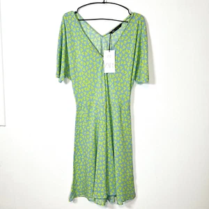 Zara Fit & Flare Knee Length Dress Blue & Green Heart Print Short Sleeve Size XL - Picture 1 of 12
