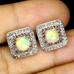 925 Orecchini Argento Sterling Rotondo Fuoco Opale 6mm Zaffiro Diamante Taglio - Foto 1 di 10