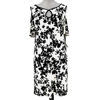 Melrose Dress Womens 6 White Black Floral Stretch Knit A-line Cold Shoulder New - Image 1 of 4