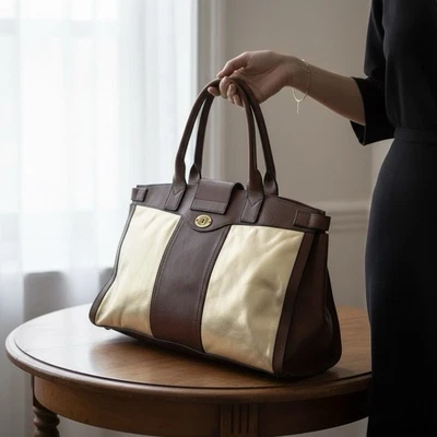 Bolso de Lona FOSSIL Vintage Reedición Cuero Marrón Brillo Dorado XL Fin de Semana RARO Foto 1 de 4