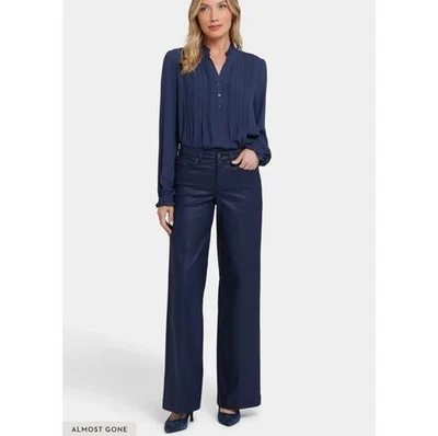 NYDJ Teresa Wide-Leg Faux Leather Pants navy button zip 5 pockets sz 14 starless - Image 1 of 4