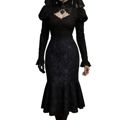 Vintage Gunne Sax Jessica McClintock Black Blue Lace Tiered Back Pencil Skirt - Image 1 of 4