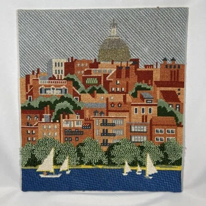 Vtg Iconic Boston Needlepoint Panel State House Golden Dome Waterfront Sailboats - Picture 1 of 12