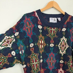 Vintage Handknit Sweater Mens L 90s Dad Ramie Cotton Blue Navy Classic Pullover - Picture 1 of 10