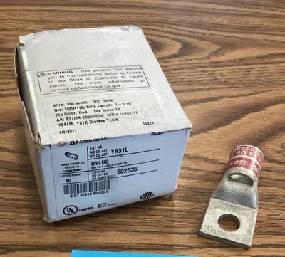 Box Of 10 BURNDY YA31L COPPER CRIMP LUG 350 MCM 1 HOLE 1/2" SHORT BARREL RED DIE - Image 1 of 4