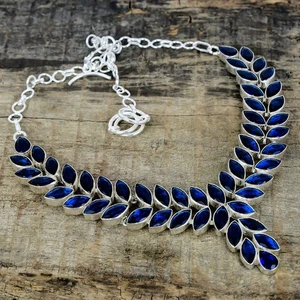 Dainty Blue Sapphire Lab-Created Necklace 925 Sterling Silver Statement Jewelry - Picture 1 of 4