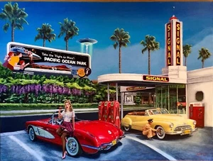 VUELO A MARZO Vancas Pinup años 50 CORVETTE UFO SANTA MONICA RUTA 66 Elvgren 28X22 - Imagen 1 de 16