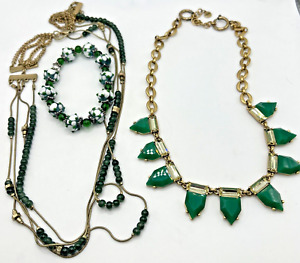 Green Gold Tone Silver Tone Fashion Jewelry Lot 2 Necklaces 1 Lampwork Bracelet